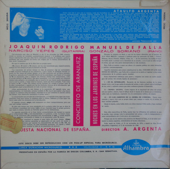 Release: Concierto De Aranjuez / Noches En Los Jardines De España-Vinyl-Spain-1962-MCC 30054, MCC 30.054-24191285
