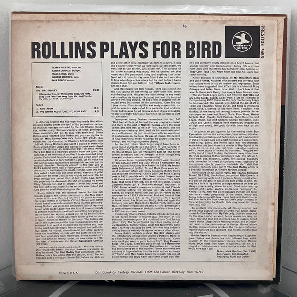 Release: Rollins Plays For Bird-Vinyl-US-1972-PR 7553, PRT 7553-26225669