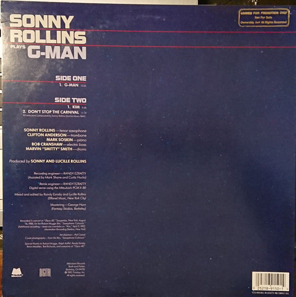 Release: Sonny Rollins Plays G-Man And Other Music For The Soundtrack Of The Robert Mugge Film "Saxophone Colossus"-Vinyl-US-1987-M-9150-1245033