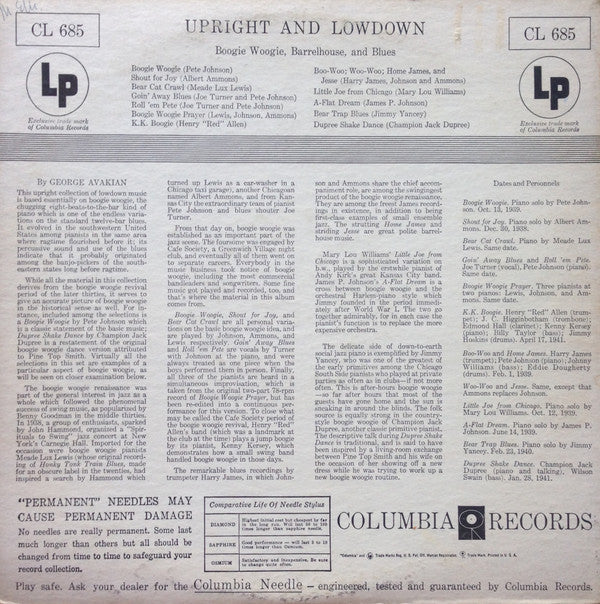 Release: Upright And Lowdown "Boogie Woogie, Barrelhouse, And Blues"-Vinyl-US-1955-CL-685, CL 685-3803991