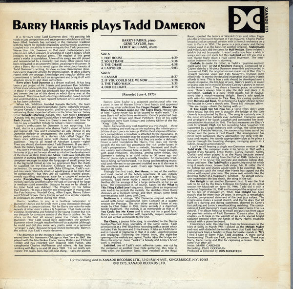 Release: Barry Harris Plays Tadd Dameron-Vinyl-US-1975-Xanadu 113-3577487