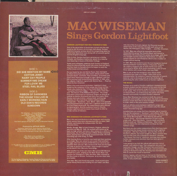 Release: Mac Wiseman Sings Gordon Lightfoot-Vinyl-US-1977-CMH-6217-5871549