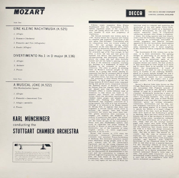 Release: Eine Kleine Nachtmusik / Divertimento No. 1 In D, A Musical Joke (Ein Musikalischer Spass)-Vinyl-Germany-1994-009 2270, SXL 2270, SXL.2270-3281616