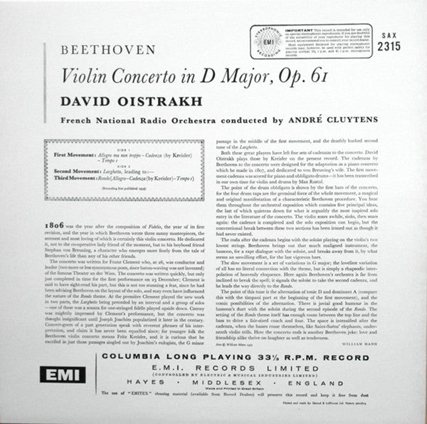 Release: Violin Concerto-Vinyl-UK-2011-SAX 2315-3520710