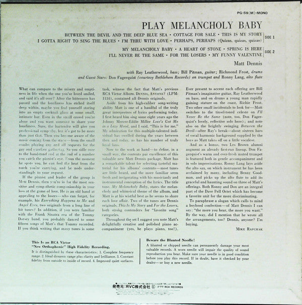 Release: Play Melancholy Baby-Vinyl-Japan-1977-PG-59(M)-13475428