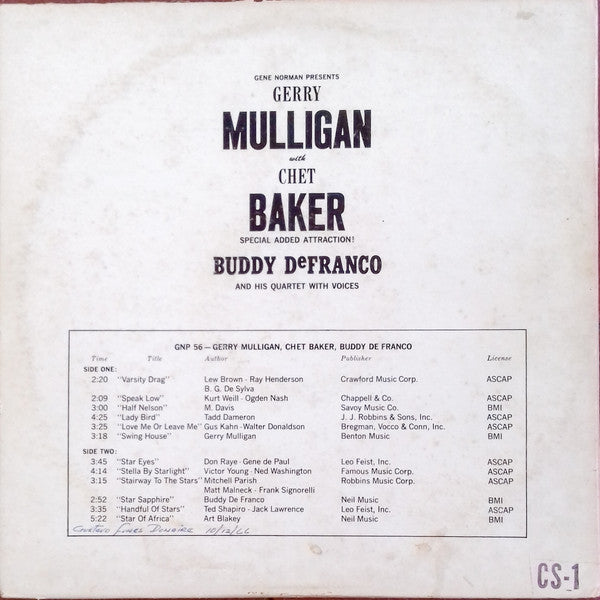Release: Chet Baker - Gerry Mulligan - Buddy DeFranco-Vinyl-US-None-GNP 56, GNP-56-12470145