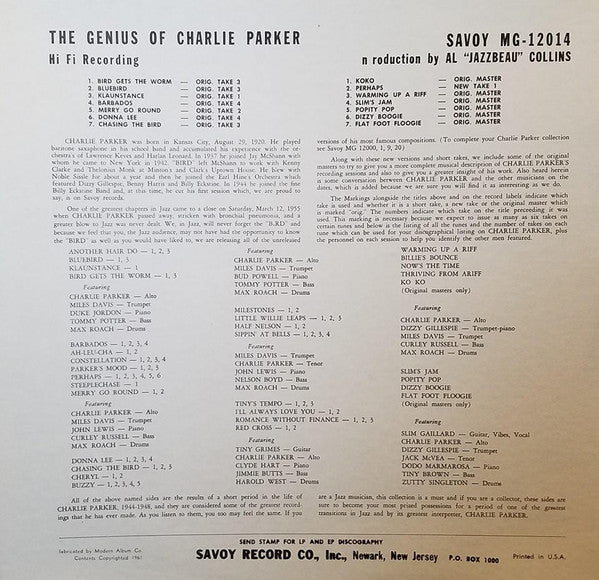 Release: The Genius Of Charlie Parker-Vinyl-US-None-MG-12014-11934603