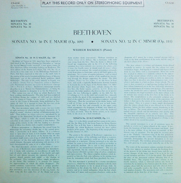 Release: Beethoven Sonatas: No. 30 In E; No. 32 In C Minor-Vinyl-US-None-CS 6246, CS-6246, CS.6246-9897375