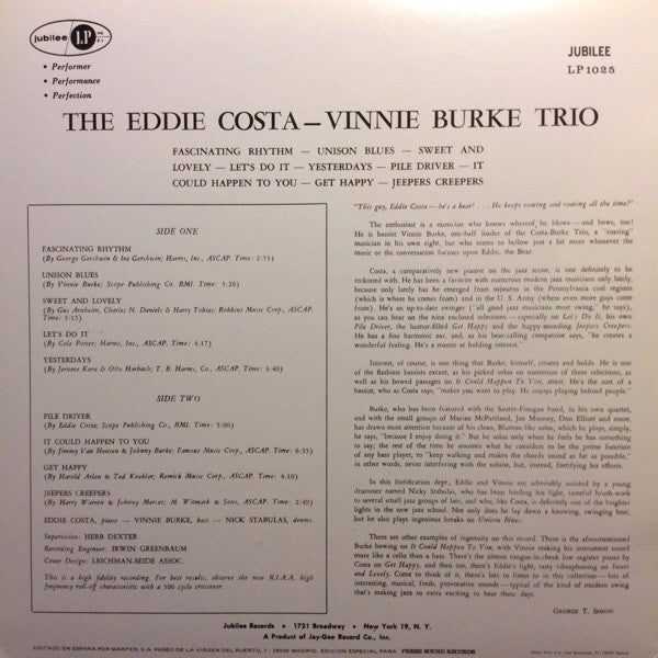 Release: Eddie Costa - Vinnie Burke Trio-Vinyl-Spain-1986-JLP 1025-5120372