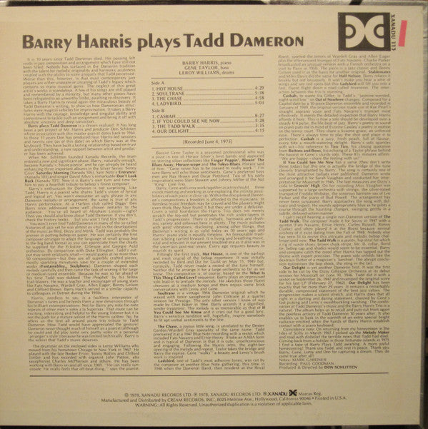 Release: Barry Harris Plays Tadd Dameron-Vinyl-US-1975-XANADU 113-9371491