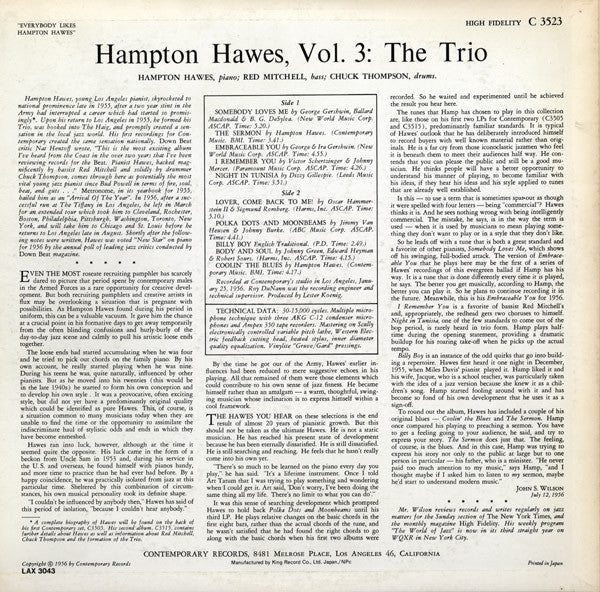 Release: Everybody Likes Hampton Hawes, Vol. 3: The Trio-Vinyl-Japan-1978-LAX 3043, LAX-3043-4256747