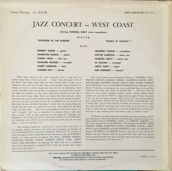 Release: Jazz Concert West Coast (Volume 1)-Vinyl-US-1985-SJC 407, MG 12012-3849671