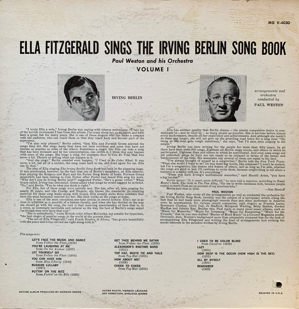 Release: Ella Fitzgerald Sings The Irving Berlin Song Book, Volume 1-Vinyl-US-1960-MG V-4030-7786208