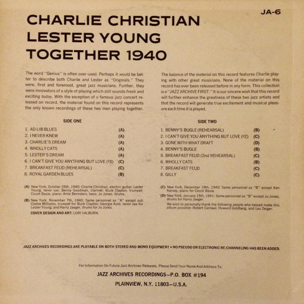Release: Charlie Christian / Lester Young "Together 1940"-Vinyl-US-None-JA-6-5617557