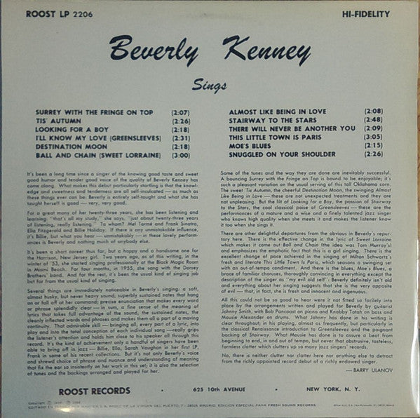 Master Release: Sings For Johnny Smith by Beverly Kenney