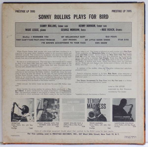 Release: Rollins Plays For Bird-Vinyl-US-1956-PRLP 7095-1250702