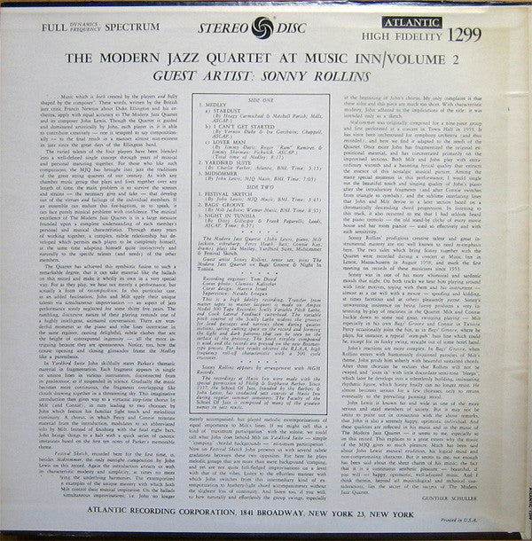 Release: The Modern Jazz Quartet At Music Inn —  Volume 2-Vinyl-US-1973-SD 1299, 1299-2659155