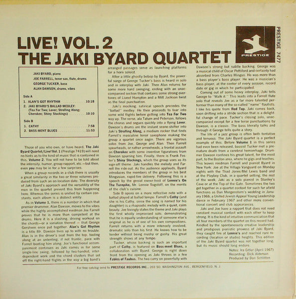 Master Release: Live! Vol. 2 by The Jaki Byard Quartet