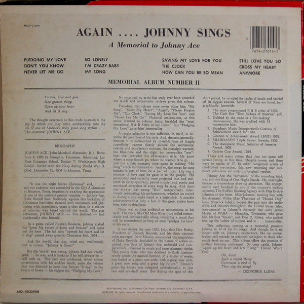 Master Release: Memorial Album For Johnny Ace by Johnny Ace