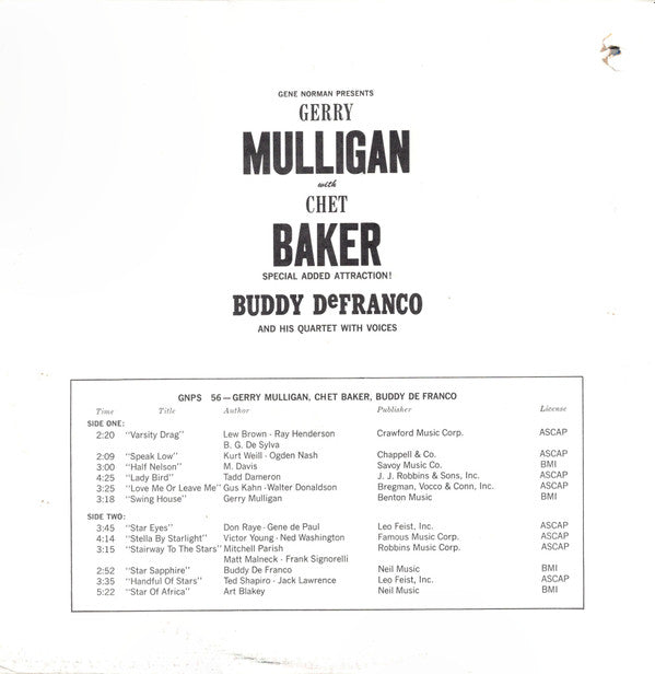 Release: Chet Baker - Gerry Mulligan - Buddy DeFranco-Vinyl-US-None-GNPS 56, GNP-56-18681433