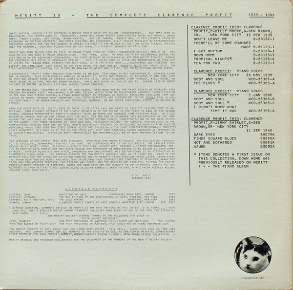 Release: The Complete Clarence Profit 1939-40-Vinyl-US-1981-Meritt 15-5529949