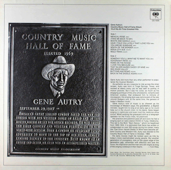 Release: Gene Autry's Country Music Hall Of Fame Album-Vinyl-US-1970-CS 1035-2696421