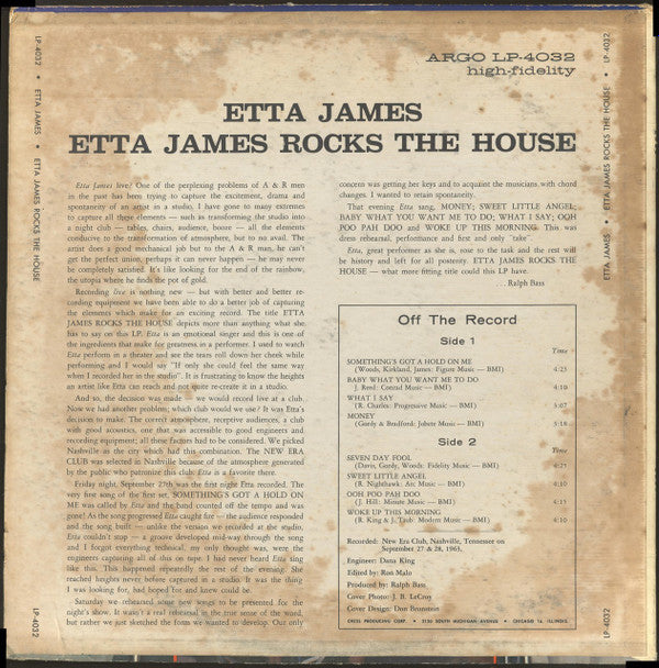 Release: Etta James Rocks The House-Vinyl-US-1964-ARGO 4032, LP-4032-7278813