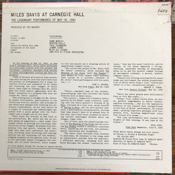 Release: Miles Davis At Carnegie Hall-Vinyl-Japan-1977-23AP 651-8706127