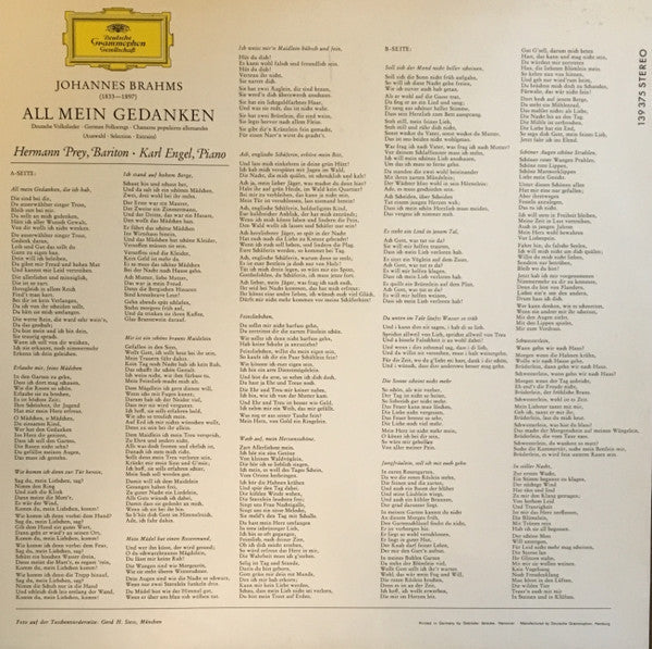 Release: All Mein Gedanken (Deutsche Volkslieder Von Johannes Brahms)-Vinyl-Germany-1968-139 375 SLPM-2132633