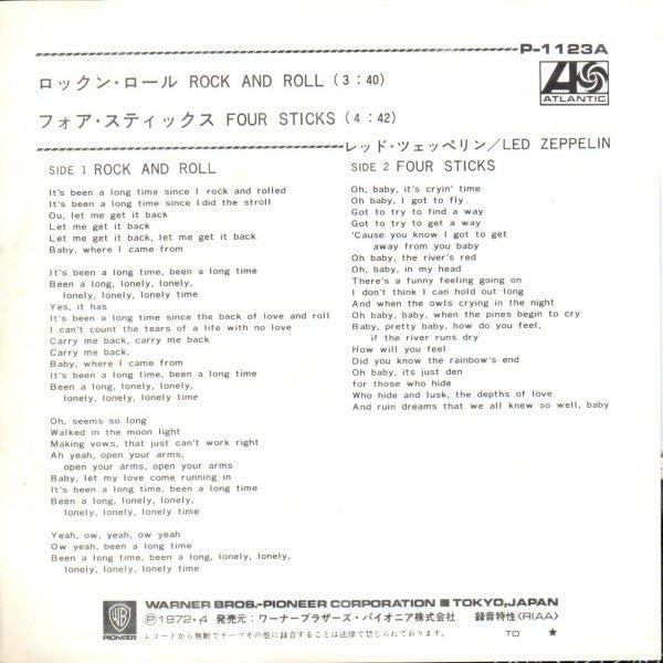 Release: Rock And Roll / Four Sticks-Vinyl-Japan-1972-P-1123A-2888519