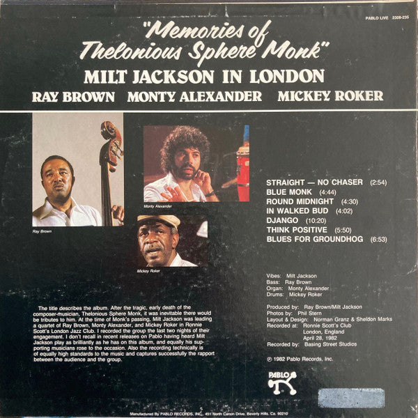 Memories Of Thelonious Sphere Monk (Milt Jackson In London)