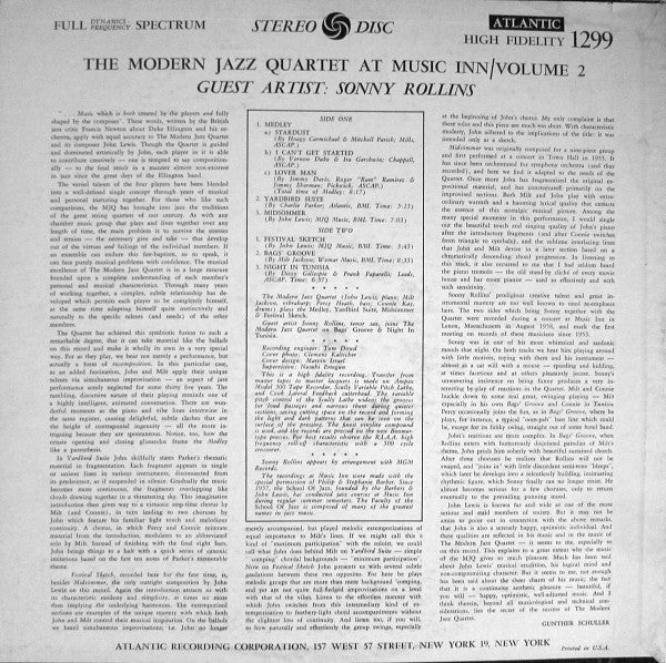 Release: The Modern Jazz Quartet At Music Inn —  Volume 2-Vinyl-US-None-SD 1299, 1299-1883077