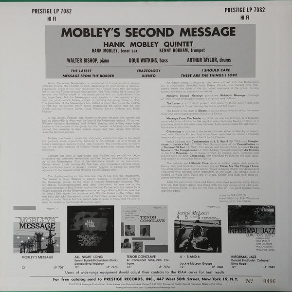Release: Mobley's 2nd Message-Vinyl-US-2014-PRLP 7082, APRJ 7082-6104088