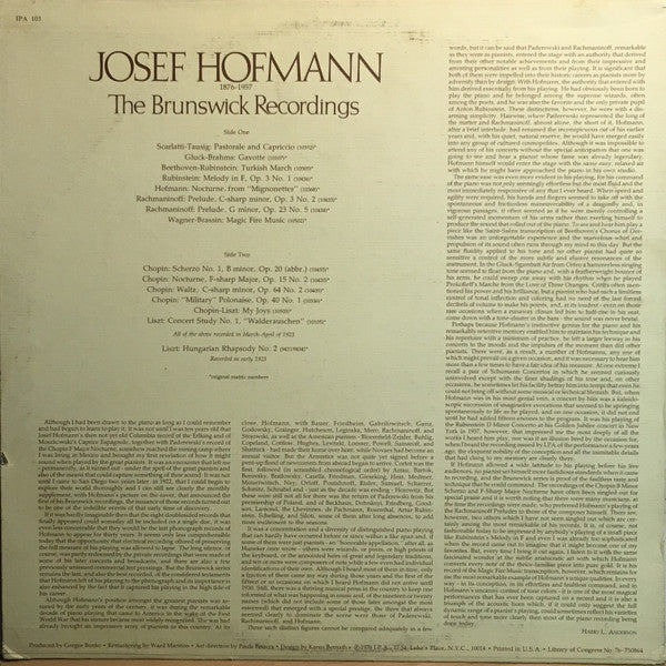 Release: Josef Hofmann 1876-1957, The Acoustic Brunswicks-Vinyl-None-None-IPA 103-13426170