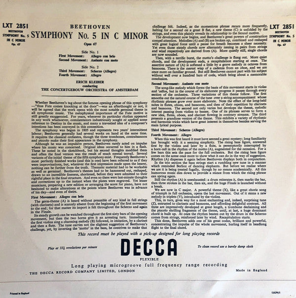 Release: Symphony No 5 In C Minor Opus 67-Vinyl-UK-1954-LXT 2851, LXT.2851-12730105