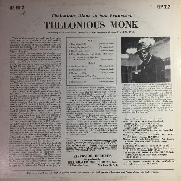 Release: Thelonious Alone In San Francisco-Vinyl-US-1962-312, RLP 312, RM 12-312-15372640