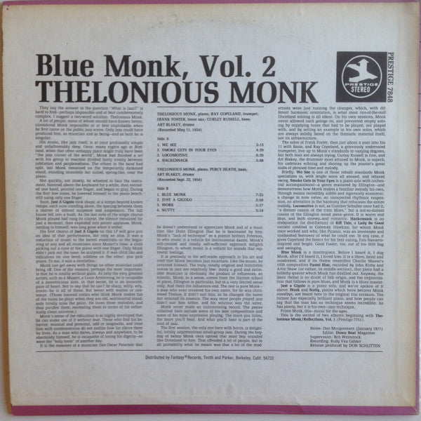Release: Blue Monk, Vol. 2-Vinyl-US-1971-PR 7848, PRESTIGE 7848, PRT-7848-4534587