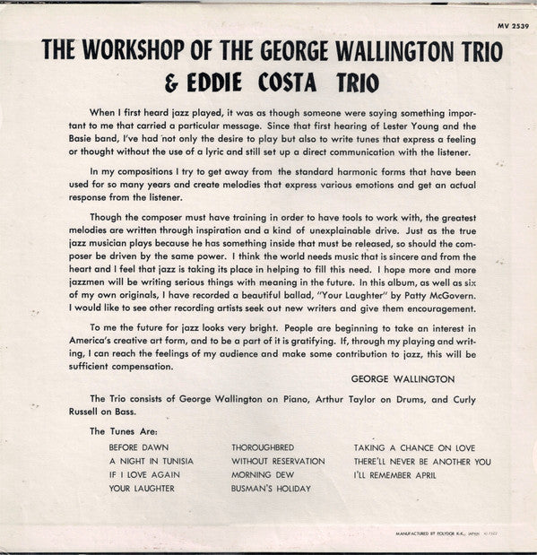 Release: The Workshop Of The George Wallington Trio-Vinyl-Japan-1975-MV 2539-6393049