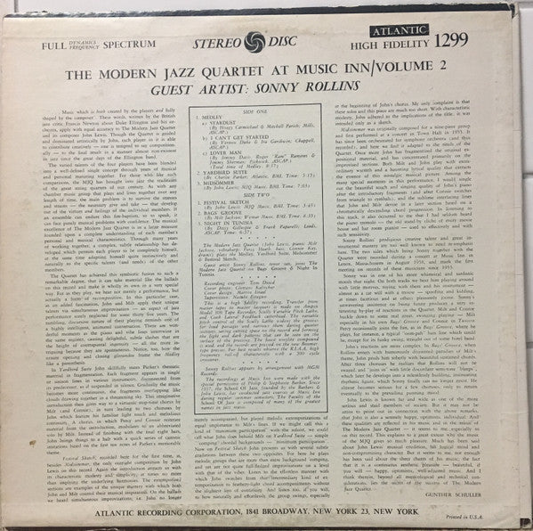 Release: The Modern Jazz Quartet At Music Inn —  Volume 2-Vinyl-US-None-SD 1299-9703410