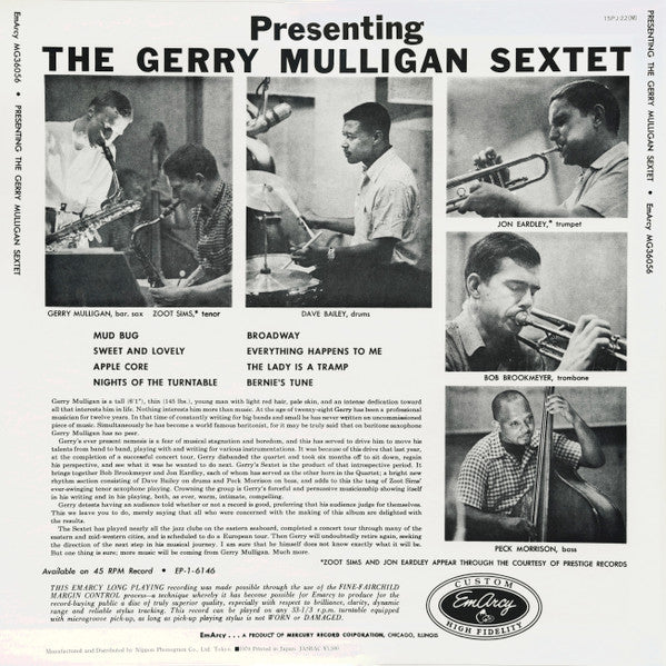 Release: Presenting The Gerry Mulligan Sextet-Vinyl-Japan-1979-15PJ-22(M), 15PJ-22(M)-9967920