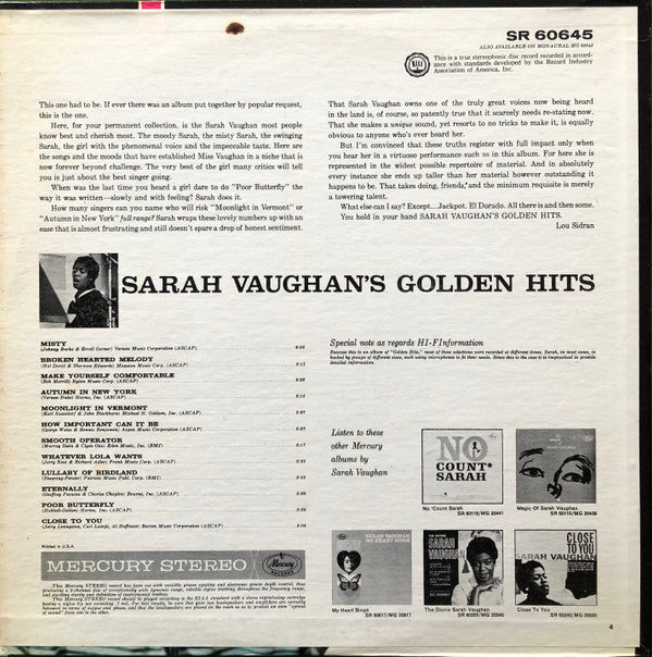 Master Release: Sarah Vaughan's Golden Hits!!! by Sarah Vaughan