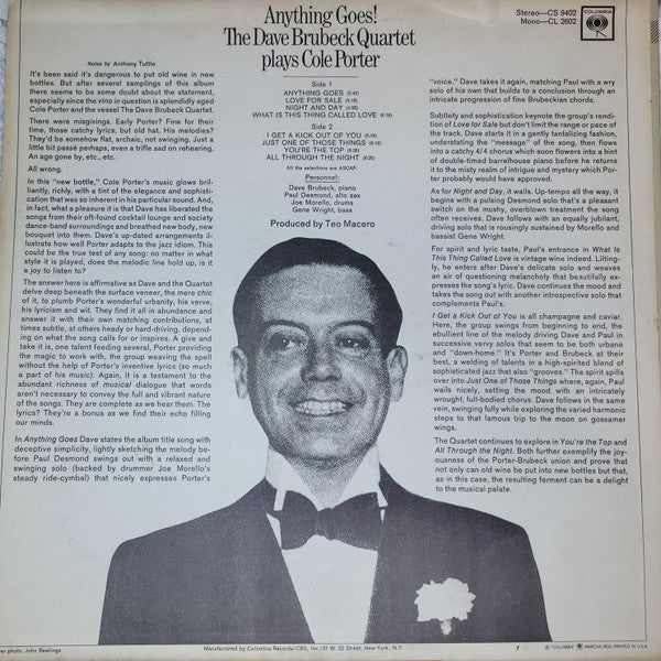 Release: Anything Goes! The Dave Brubeck Quartet Plays Cole Porter-Vinyl-US-1967-CS 9402-12020504