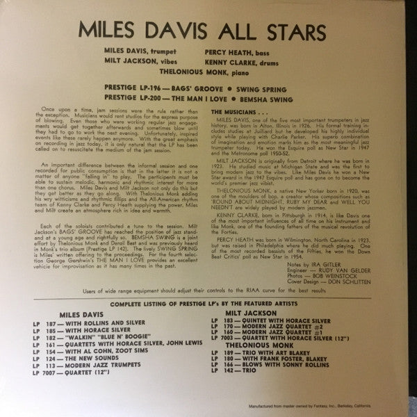 Release: Miles Davis All Star Sextet-Vinyl-US-None-LP 182, PRLP 182-11942933