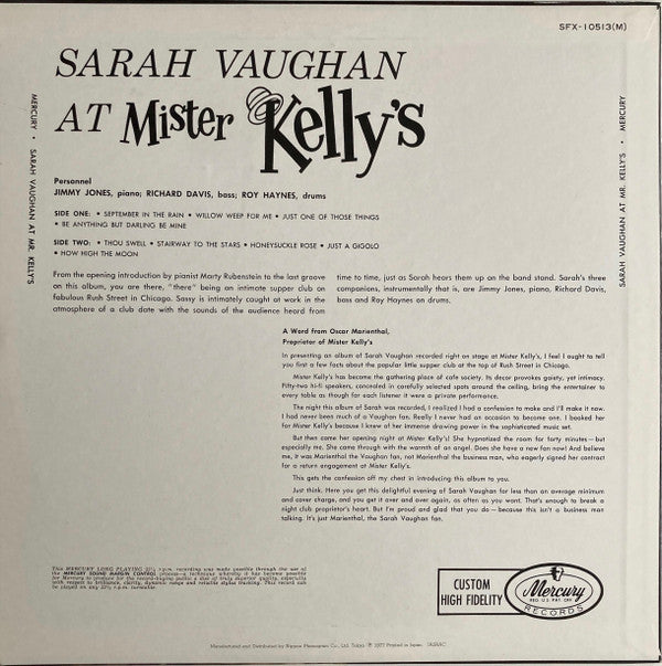 Release: Sarah Vaughan At Mister Kelly's-Vinyl-Japan-1977-SFX-10513(M)-21489499