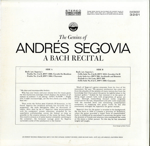 Master Release: The Genius Of Andrés Segovia - A Bach Recital by Andrés Segovia