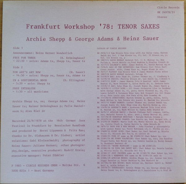 Release: Frankfurt Workshop '78: Tenor Saxes-Vinyl-Germany-1985-RK 24978/31-4085046