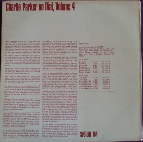 Release: Charlie Parker On Dial Volume 4-Vinyl-UK-1970-104-6788207