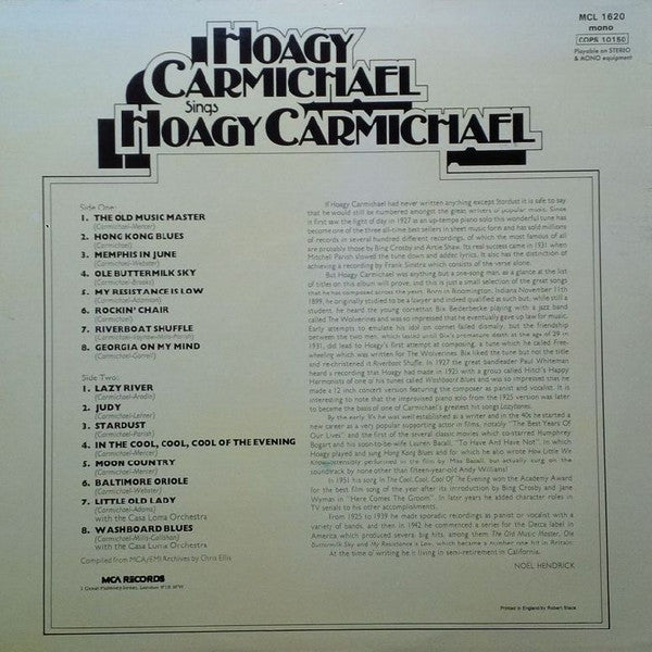 Release: Hoagy Carmichael Sings Hoagy Carmichael-Vinyl-UK-None-MCL 1620, COPS 10150-2601649