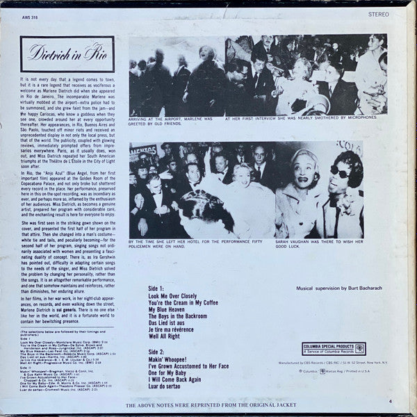 Release: Dietrich In Rio (Recorded In Rio De Janeiro)-Vinyl-US-None-AWS 316-3378092