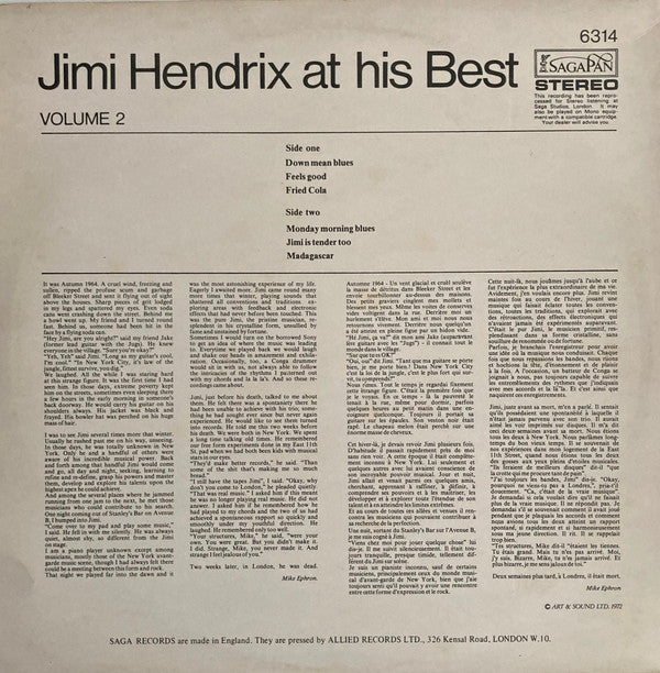 Release: Jimi Hendrix At His Best (Volume 2)-Vinyl-UK-1972-6314, SAGA 6314-5093026
